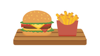 Delicious burger and fries combo meal on wooden board for fast food restaurant menu and food delivery service