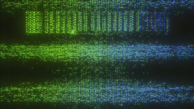 4K Glitch digital code lines with green and blue light particles, abstract matrix background showing data transmission, binary code, cyber security, artificial intelligence, programming, tech industry