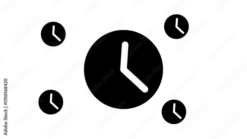 Poster zoom in and out animation the time symbol. large black symbol in the center and four small symbols a