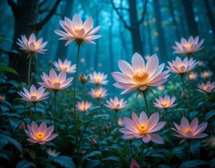 Magical glowing lotus flowers bloom in a mystical, enchanted forest at twilight.
