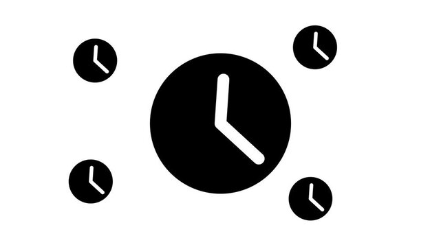 Zoom in and out animation the time symbol. Large black symbol in the center and four small symbols around. Seamless looped 4k animation on white background