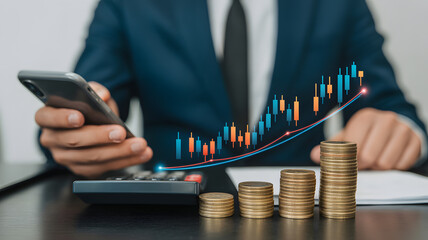 Financial Growth Analysis: A close-up shot of a suited figure meticulously tracking financial growth using a smartphone.