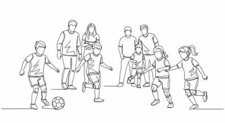 Line drawing of children playing soccer with adults watching.