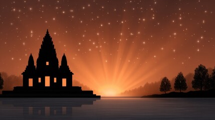 Naklejka premium Silhouette of a magnificent Indian temple against a breathtaking sunset with radiant stars illuminating the sky