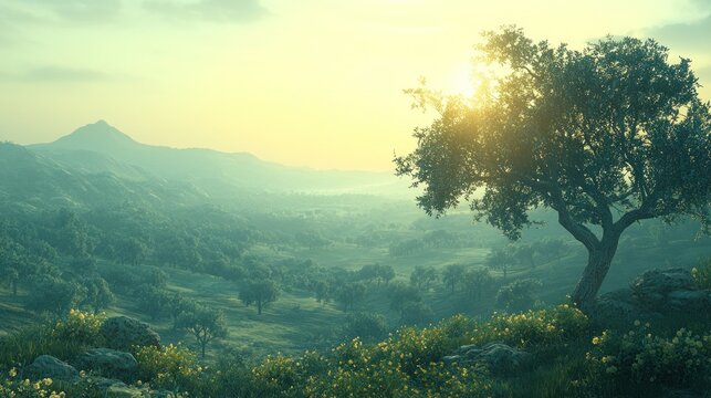 Sunrise valley, olive tree, misty mountains