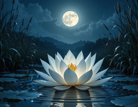 Serene white lotus flower glowing under a full moon on tranquil water - Powered by Adobe