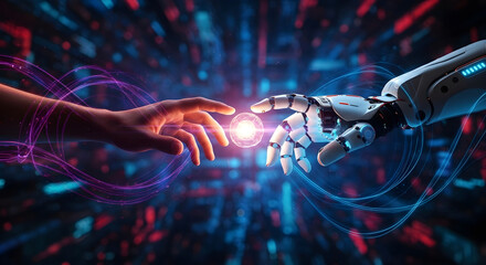 Human and robot hands reaching for connection, futuristic technology synergy concept.