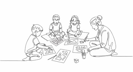 A continuous one line drawing of a teacher and three young children sitting on the floor, painting and drawing together.