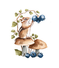 Chipmunk foraging for blueberries among mushrooms in a whimsical natural setting