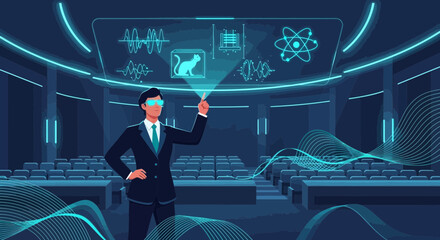 Futuristic presentation with holographic projection in a conference hall setting concept