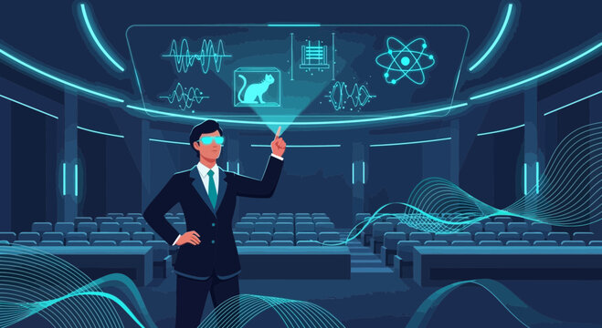 Futuristic presentation with holographic projection in a conference hall setting concept