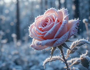 Delicate pink rose covered in frost, a symbol of winter beauty and resilience