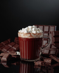 Hot chocolate with mini marshmallow in a glass mug.