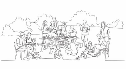 A large family or group of friends enjoying an outdoor picnic gathering in a park, with adults and children eating and socializing around a picnic table.