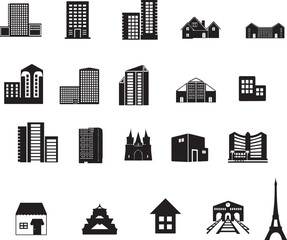 Obraz premium Building and Architecture Icon Set | House, Apartment, Office, Castle, Landmark, Vector Silhouette