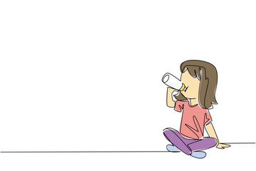 A girl drinking milk from a bottle in a sitting position, created in single line draw style for health concept design. Highlighting Infant Feeding Day, symbolizing child care, nutrition, and wellness