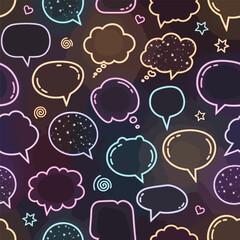 Colorful speech bubbles pattern with stars and swirls on dark background, patern seamless, royalty stock.