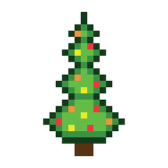 Icon of a decorated Christmas tree in pixel art style. Isolated vector illustration on a white background.