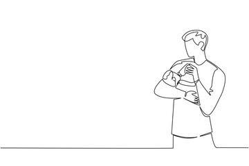 A continuous line drawing showing a young father feeding his baby with a bottle, celebrating Infant Feeding Day, symbolizing loving, caring, nurturing and parenting in a family health concept.