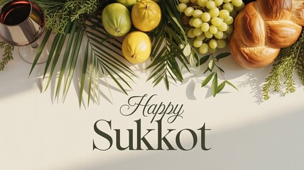 Happy Sukkot flat lay with traditional food and lulav © DEEPAK
