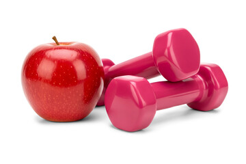 3d Rendering of Red Apple and Pink Dumbbells Isolated on White Background