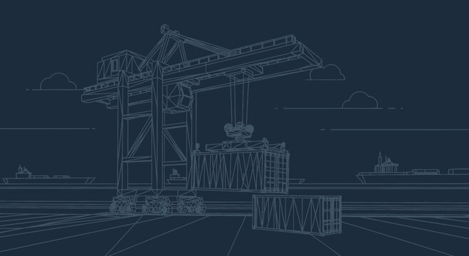Illustration of a container crane loading cargo in a port blue outline minimalist style