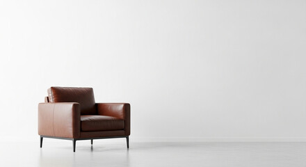 Minimal room with an leather armchair on empty white wall background- 3D rendering