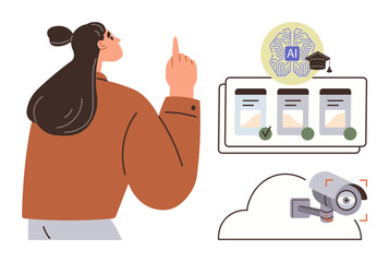 Woman gestures towards AI interface with academic and decision-making elements, cloud-based surveillance camera. Ideal for technology, education, AI, cloud security, innovation, decision-making