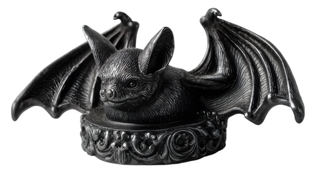 Black metal candle holder shaped like a bat, isolated on white background