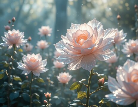 Delicate pink roses bathed in soft morning sunlight, evoking romance and natural beauty. - Powered by Adobe