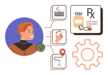 Person connects with digital tools featuring medicine, task progress icons, location marker, and settings gear. Ideal for healthcare, technology, task management, organization, pharmacy automation