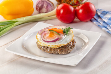 Beefsteak chop with roasted egg