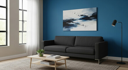 Modern interior of living room with dark sofa on blue wall background.