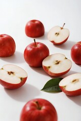 Fresh Red Apples Whole and Sliced, Isolated on White product mockup photo E-commerce marketing poster Background shooting scene