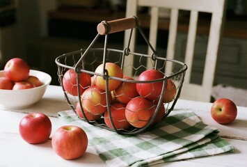Apples in a Wicker Basket with Berries and Leaves product mockup photo E-commerce marketing poster Background shooting scene