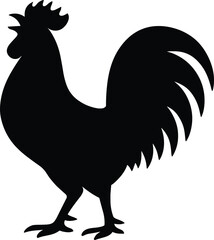 vector silhouette, rooster crowing, head up, arched tail, side view, solid black