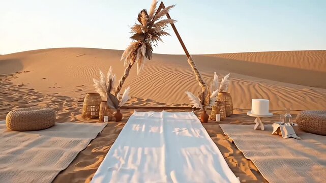Romantic bohemian wedding ceremony setup with a triangular arch and pampas grass in a beautiful desert landscape