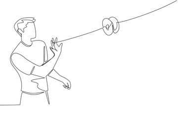 A continuous line drawing of a young man making a horizontal yo-yo throw, emphasizing freestyle and precision. This illustration symbolizes motion and creativity on National Yo Yo Day.