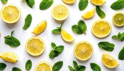 A vibrant arrangement of lemon slices and fresh mint leaves creates a cheerful and refreshing pattern on a bright white background.