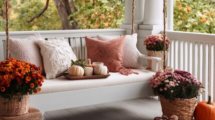 Cozy fall porch decor featuring a swing, pumpkins, and vibrant flowers during autumn