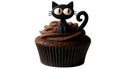 Cupcake with black cat topper, isolated on white background