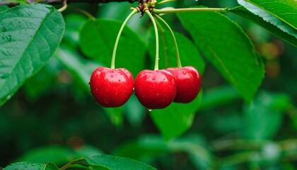 Fresh red cherries on a branch