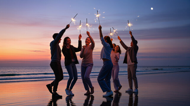 Group of friends celebrating with sparklers on beach at sunset - Powered by Adobe