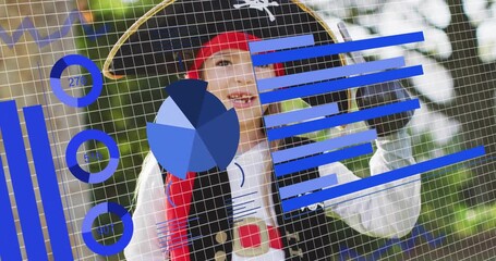 Charts updating analytics data guiding pirate child stepping forward waving hook and pumpkin bucket