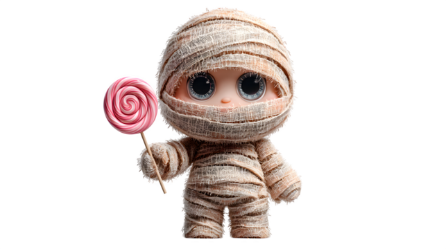 Cute mummy holding lollipop, isolated on white background