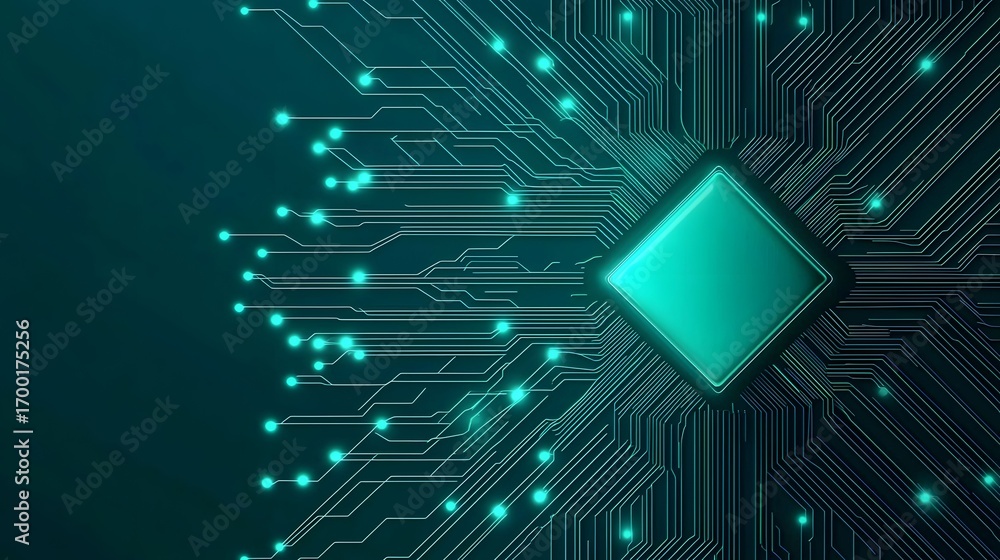 Poster the image features a teal and white circuit board design with glowing nodes and lines, and a central