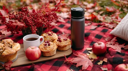 Enjoying a cozy autumn picnic with delicious treats and warm beverages in a colorful forest setting