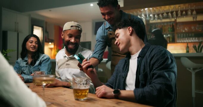 Man, friends and waiter at bar for payment, pos or tap phone with paperless transaction on night out. Cheers, group and smartphone for mobile app, fintech and tips bartender for customer experience
