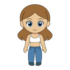 Cute cartoon girl wearing a white tank top and blue jeans, standing and smiling