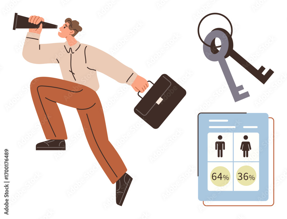 Poster person with telescope and briefcase explores opportunities, accompanied by data chart and keys. idea